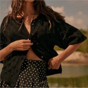 Sezane Anahi Crochet Knit Cardigan Sweater in Black Small